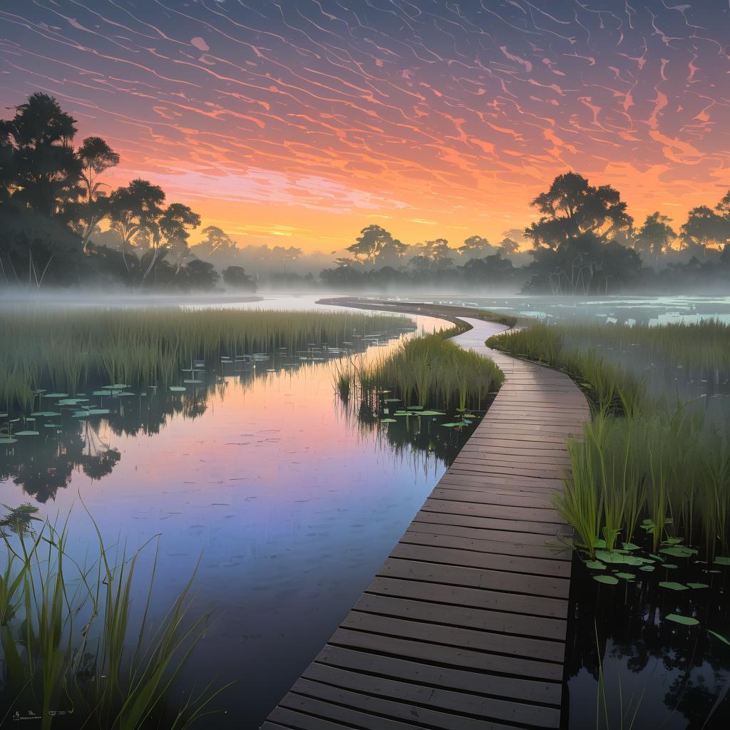 Tranquil Wetland Boardwalk at Dusk