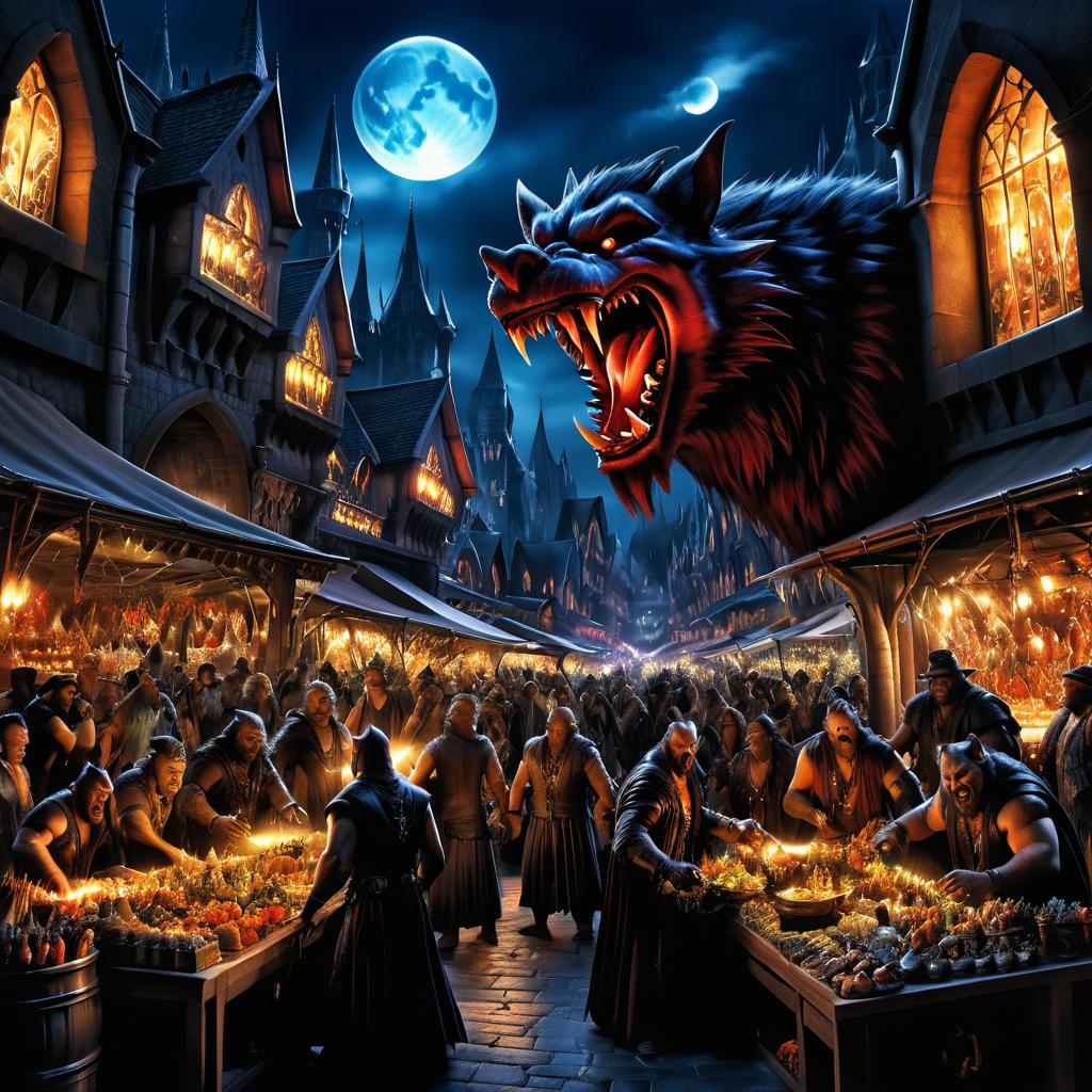 Hybrid Vampire-Werewolf in Vibrant Marketplace