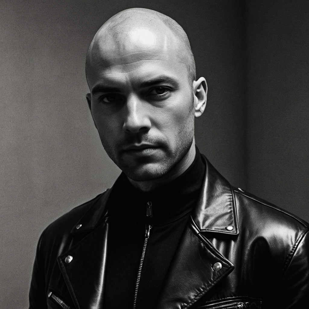 Stylish Bald Man in Leather Fashion Shoot