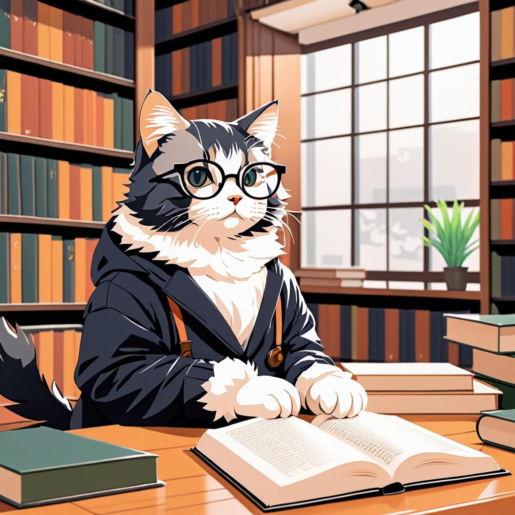 Cozy Cat in Glasses: Anime Library Scene