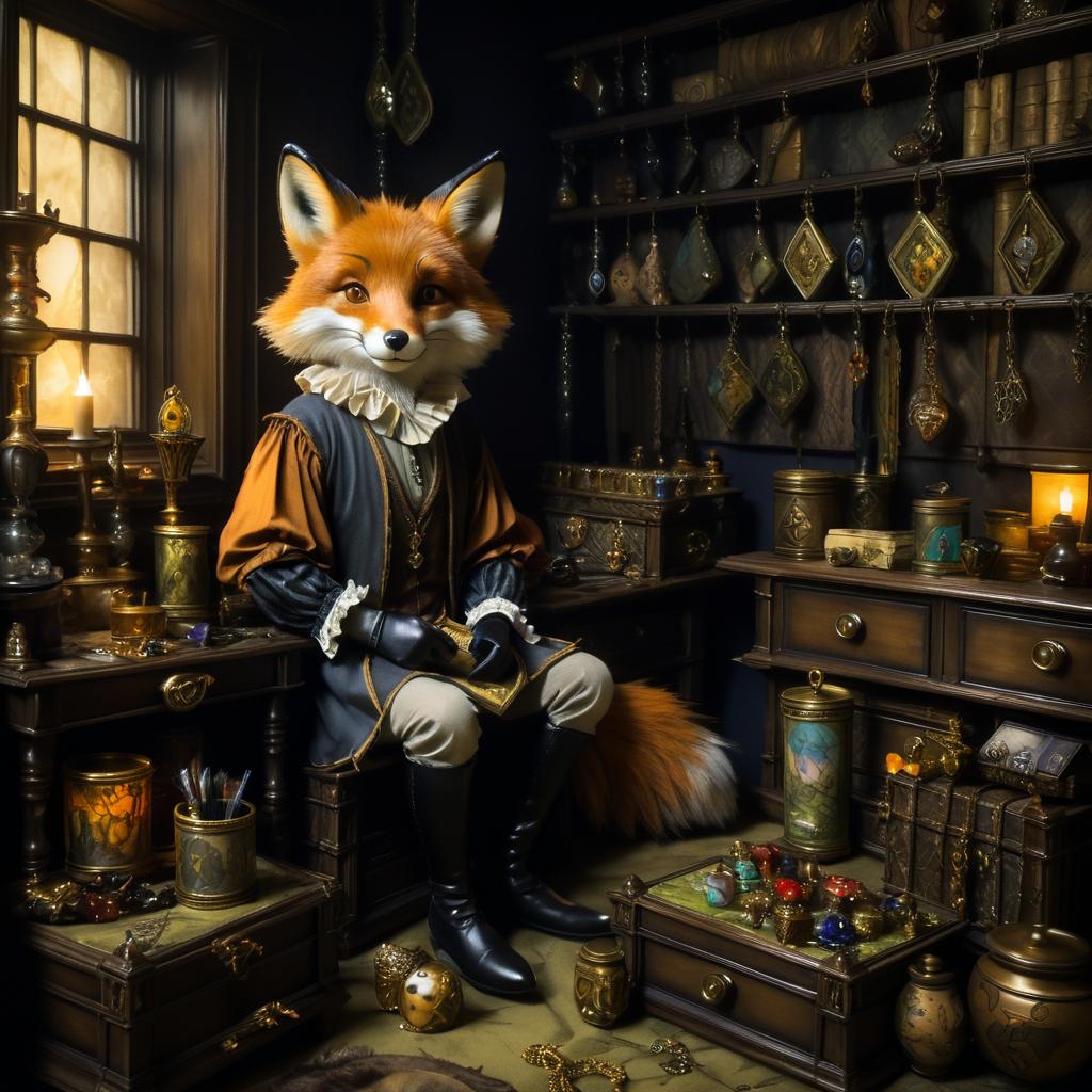 Cunning Fox in a Dark Fantasy Bedroom