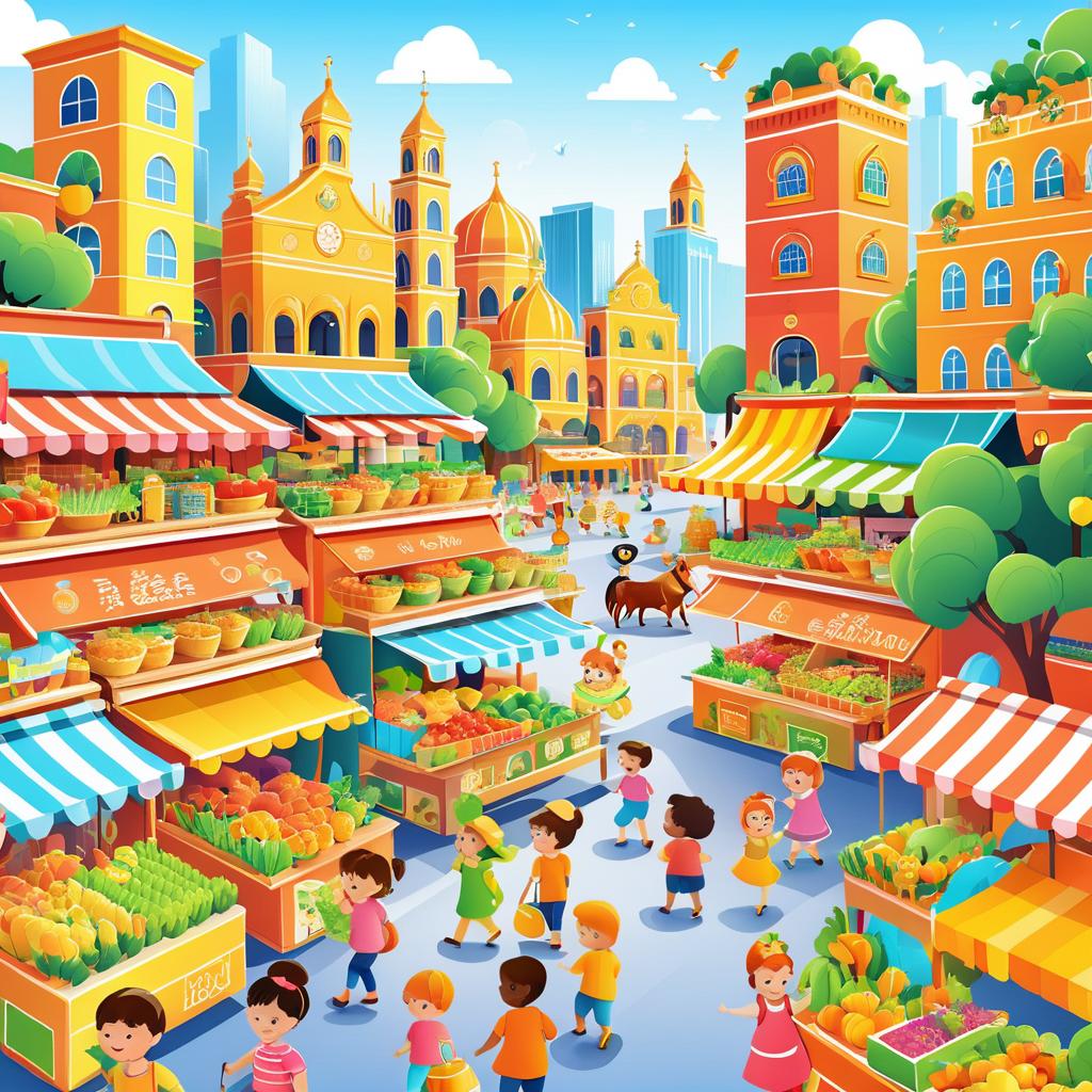 Vibrant Cartoon Market Scene for Kids