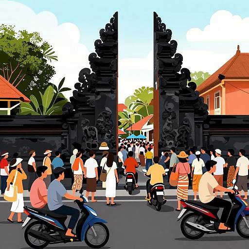 Digital artwork of a bustling scene in front of a traditional black Balinese gate, with diverse people in colorful attire, riding motorcycles, and a clear blue