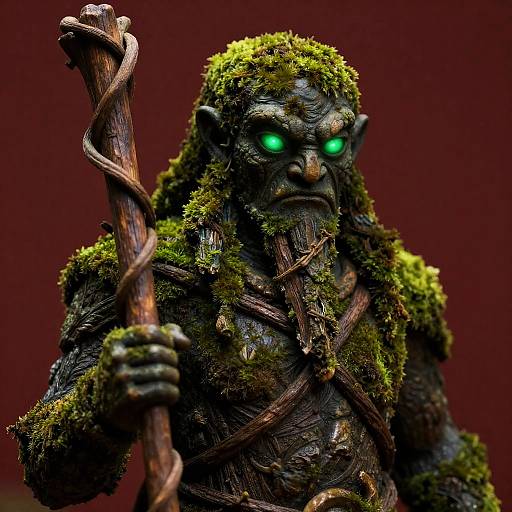 Photorealistic CGI of a moss-covered, dark-skinned, green-eyed forest spirit holding a twisted staff, with a red background.