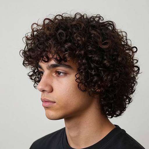 Photograph of a young man with medium brown skin, dark curly hair, and brown eyes, gazing to the left, wearing a black shirt against