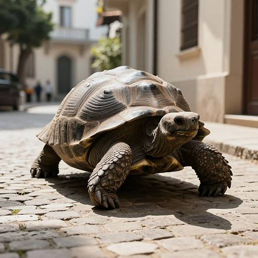 Photorealistic CGI image of a large, detailed tortoise with textured, scaly skin and a shiny shell, walking on a sunlit, cob