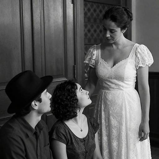 Black and White Portrait of Three People Indoors