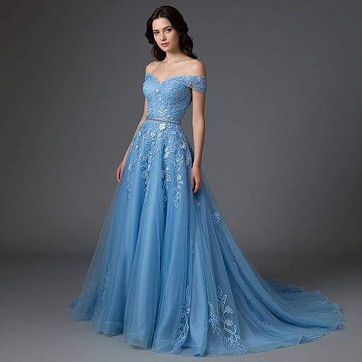Photograph of a woman with dark hair wearing an off-shoulder, blue lace and tulle evening gown with a long, flowing train, standing