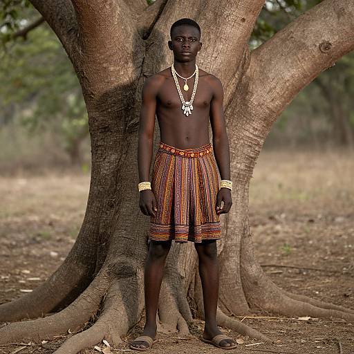 Photograph of a tall, muscular, dark-skinned African man standing in front of a large tree, wearing traditional patterned loincloth, gold