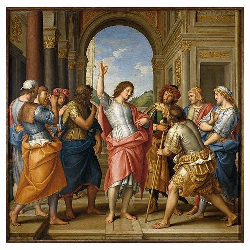 Renaissance painting of Jesus raising his right hand, surrounded by diverse, armored followers in rich, colorful robes, archway background.