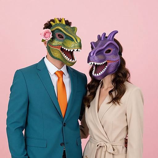 Vibrant Couple in Dinosaur Masks