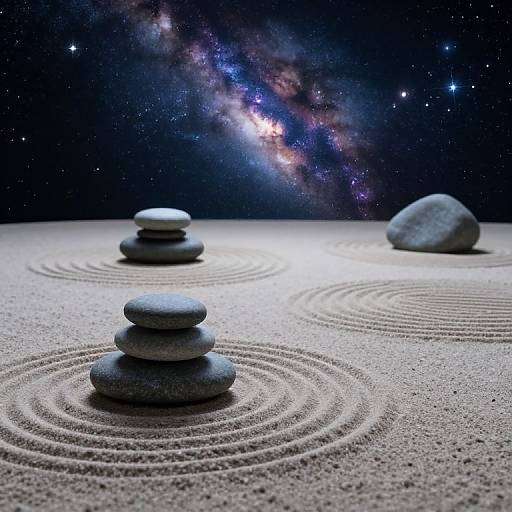 Photograph of smooth grey stones stacked in a Zen garden with circular ripples, set against a cosmic galaxy backdrop.
