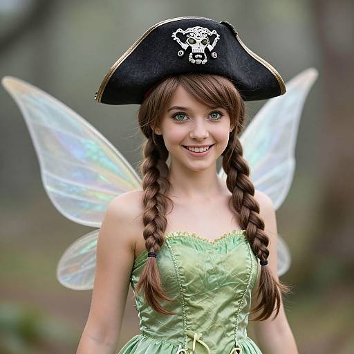 Photograph of a young girl with braided brown hair, green fairy dress, black pirate hat, translucent wings, smiling in a forest.