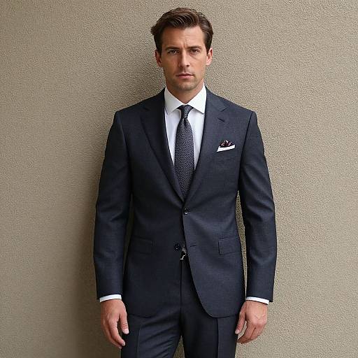 Photograph of a handsome, serious-looking man with short brown hair, wearing a dark navy suit, white shirt, black tie, and pocket square,