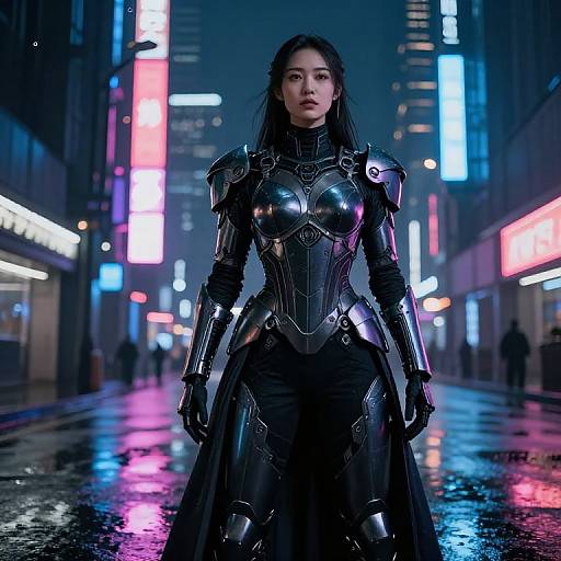 Digital CGI image of an Asian woman in futuristic, black, armored attire standing confidently in a neon-lit, rainy city street.