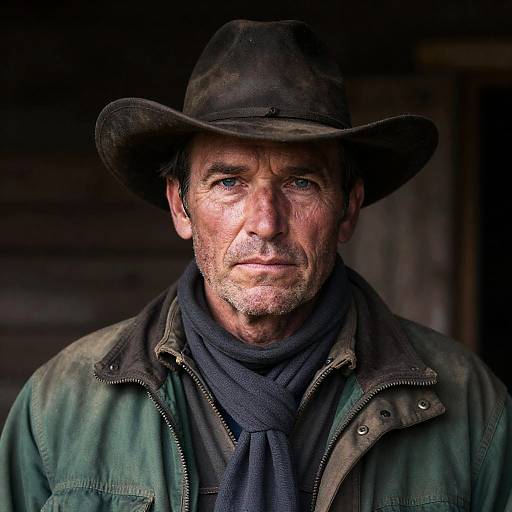 Serious Cowboy in Dimly Lit Setting