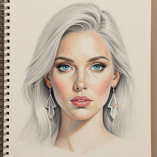 Detailed digital portrait of a fair-skinned woman with striking blue eyes, long white hair, and geometric earrings, drawn in a realistic style on a spiral