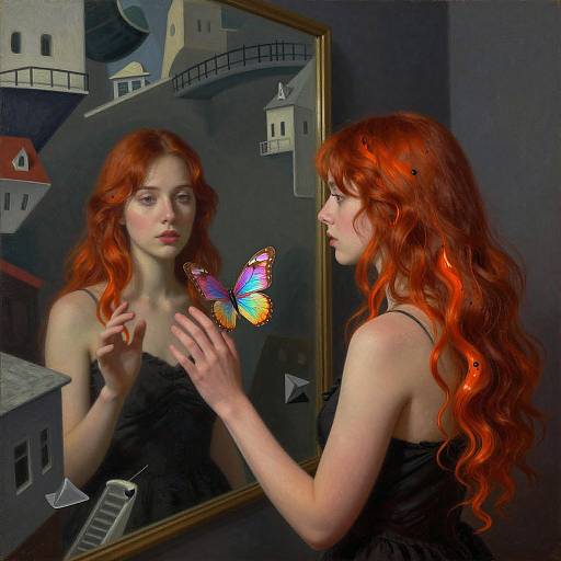 Photograph of a red-haired woman in a black dress, gently touching a colorful butterfly in a mirror reflecting miniature houses.