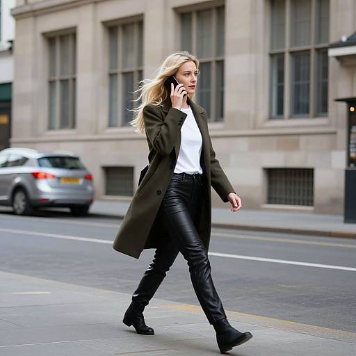 Blonde woman in black coat, white blouse, and black leather pants walks on city street, talking on phone, with cars and buildings in background.