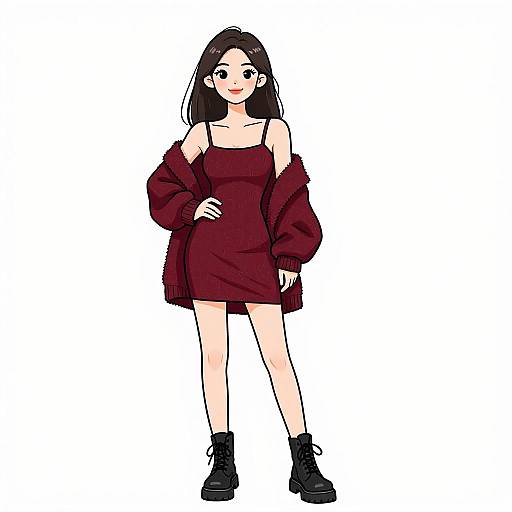 Digital anime-style drawing of a smiling, fair-skinned woman with long black hair, wearing a red off-shoulder dress, oversized sweater, and