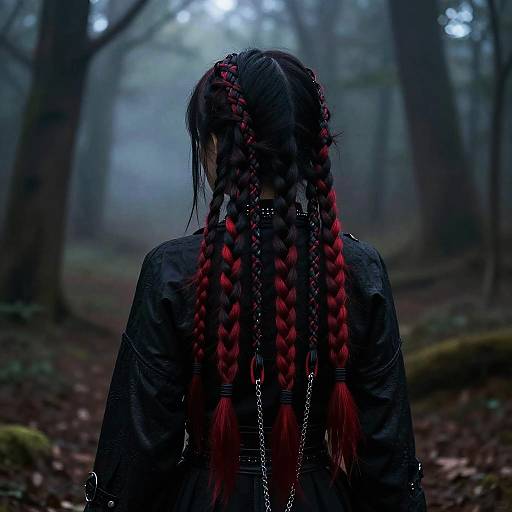 Photograph of a person with long, red and black braided hair, wearing a black leather jacket, standing in a misty forest.
