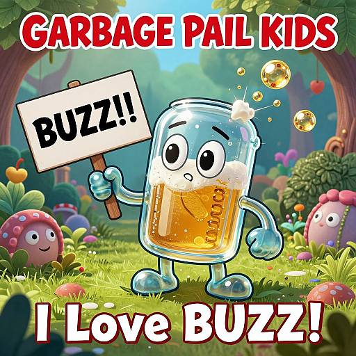 Colorful cartoon image of a glass mug character with arms and legs, holding a 