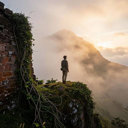 Photograph of a silhouetted man in a hat and jacket standing on a moss-covered cliff, overlooking a misty sunrise over a mountainous