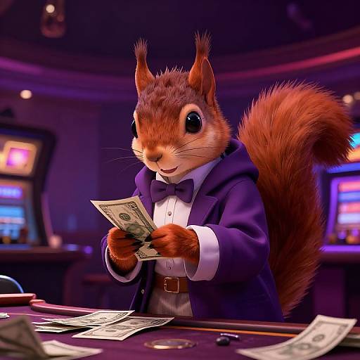 CGI image of anthropomorphic squirrel in a tuxedo, holding money, in a dimly lit casino with slot machines in the background.