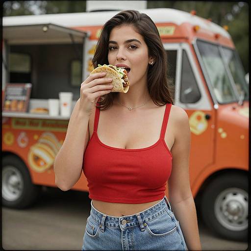Photograph of a brunette woman in a red tank top and blue jeans, eating a sandwich from an orange food truck.