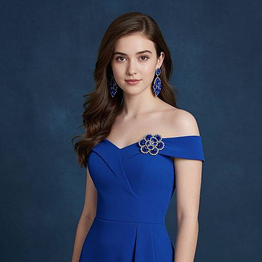 Photograph of a fair-skinned woman with long dark brown hair, wearing an off-shoulder royal blue dress and matching blue floral earrings, against