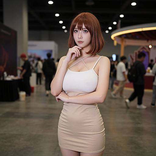 Photograph-style CGI: Asian woman with short brown hair, white spaghetti strap top, beige skirt, standing in a dimly lit, busy convention center
