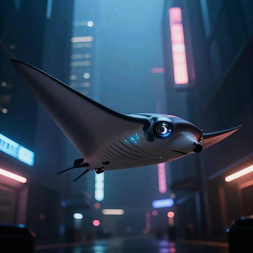 Cybernetic Manta Ray in Neon Urban Canyon