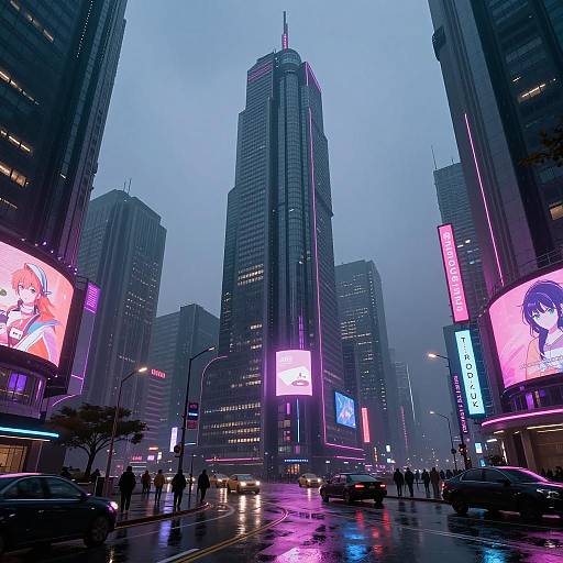 Neon-Lit Cyberpunk Cityscape at Dusk