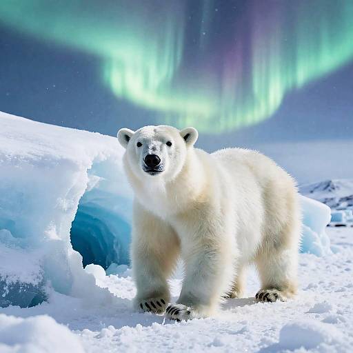 Polar Bear Cub near Ice Cavern with Aurora