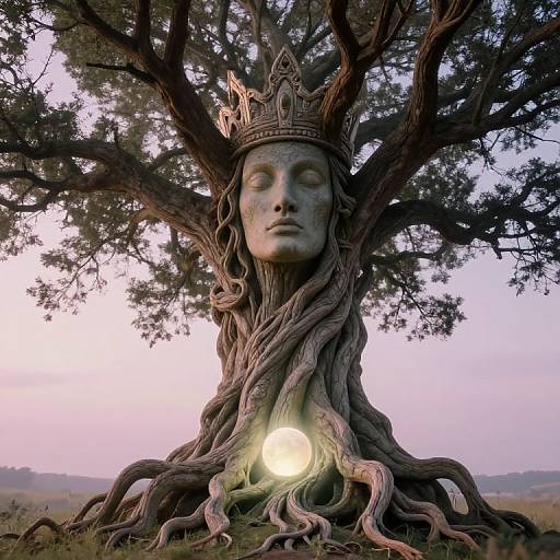 Photograph of a surreal sculpture: a stone face with a crown, entwined in a gnarled tree trunk, glowing orb at base,