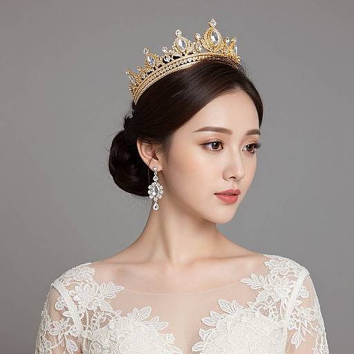Photograph of an elegant Asian woman with fair skin, black hair in a bun, wearing a gold crown, white lace dress, and diamond earrings,