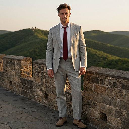 Photograph of a handsome man in a light gray checkered suit, red tie, and tan shoes, standing on a stone bridge with a green hill