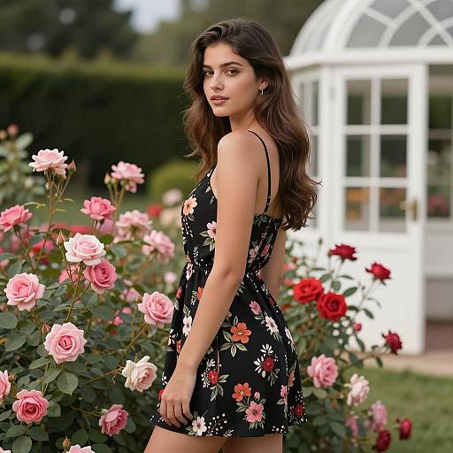 Young Woman in Floral Dress in Rose Garden