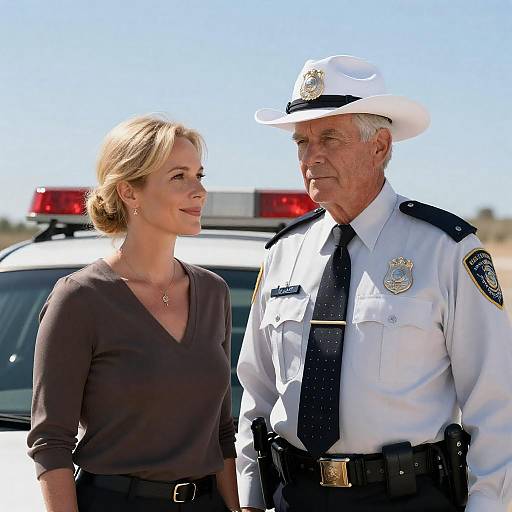 Older Man and Blonde Woman by Police Car