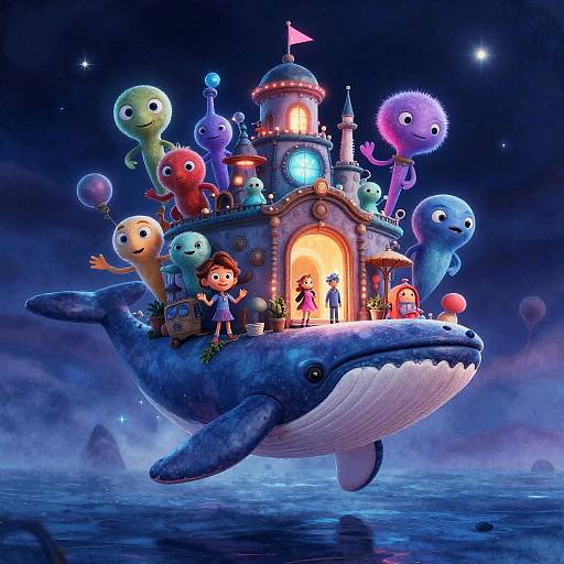 Sky-Whale Caravan City Over Neon Ocean