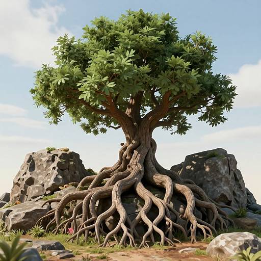 Photorealistic CGI of a gnarled, ancient tree with thick, twisting roots, standing amid large, rocky boulders under a blue sky
