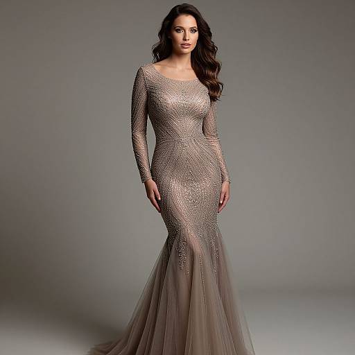 Photograph of a dark-haired woman in a shimmering, long-sleeve, form-fitting, silver sequin gown with a mermaid tail