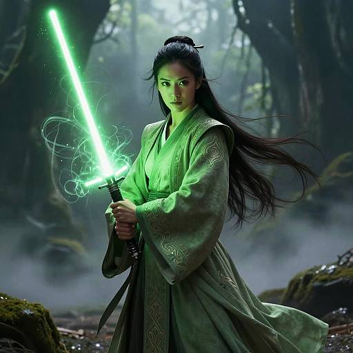 Digital artwork of an Asian woman with long black hair, green glowing lightsaber, wearing an ornate green kimono in a misty forest.