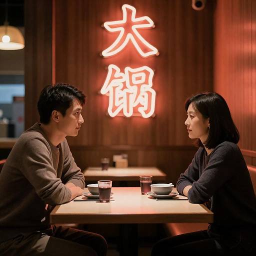 Asian Couple in Dimly Lit Restaurant