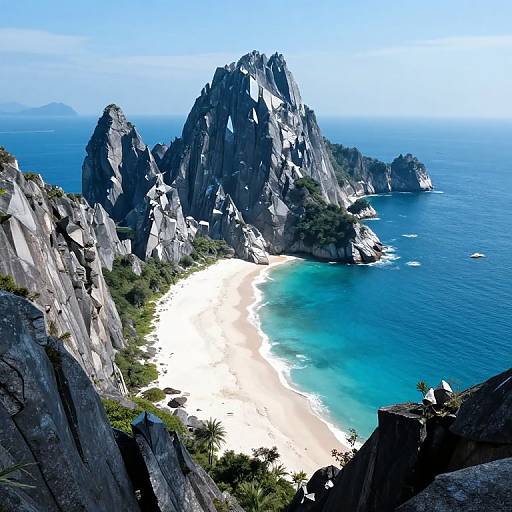 Photograph of a stunning coastal landscape featuring jagged, rocky cliffs surrounding a pristine, white sandy beach with turquoise water.