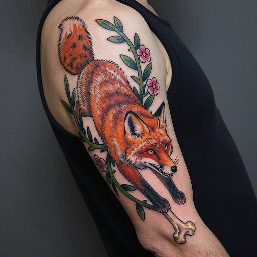Dynamic Fox Tattoo with Vines and Flowers