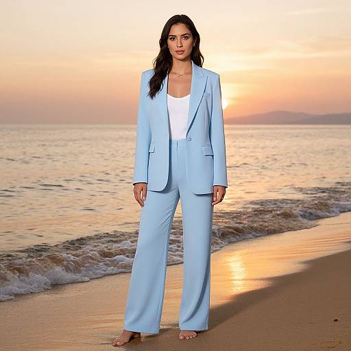 Photograph of a confident woman with long black hair, wearing a light blue suit over a white top, standing barefoot on a beach at sunset.