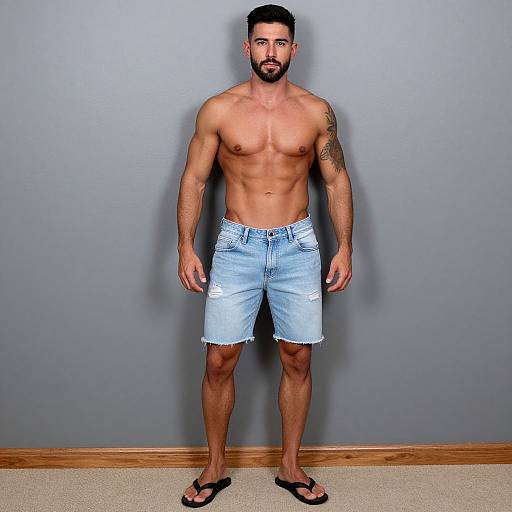Photograph of a muscular, bearded man with short dark hair, tattooed right arm, wearing light blue denim shorts and black flip-flops,