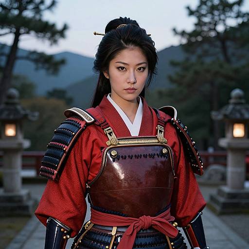 Photograph of an East Asian woman in traditional red and black samurai armor, standing outdoors at dusk, with lanterns and trees in the background.