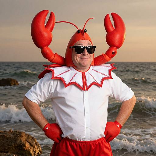 Photograph of a smiling man in a red lobster costume with sunglasses, standing on a rocky beach at sunset.
